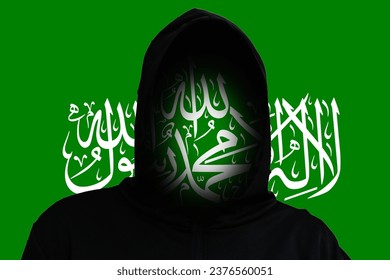 Incognito terrorist on the Flag Hamas background. Hamas between Israel and Palestine. Israel Palestine war. World crisis in Middle East. Rebellion. Rebel militant terrorist guerrilla concept. 