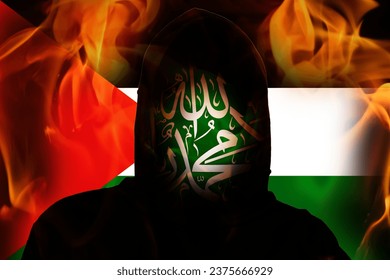Incognito terrorist on the Flag Palestine fire background. Hamas between Israel and Palestine. Israel Palestine war. World crisis in Middle East. Rebellion. Rebel militant terrorist guerrilla concept.
