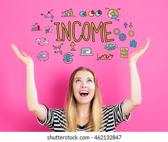 Income concept with young woman reaching and looking upwards