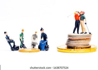 Income Discrimination Concept With Labour, Middle Class And CEO Playing Golf Miniature. The Harder The Labour And Worker Work, The Higher The CEO Will Earn.