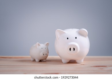 Income Management, expenses, invest, save, two white ceramic piggy bank on wood table saving and investment.