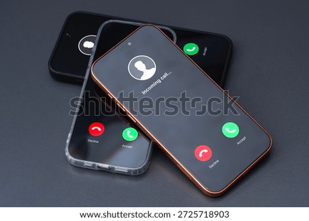 Incoming call interface displayed on several modern smartphones stacked together. Concept of mobile communication, customer support, hotline service and call center