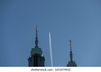 Incoming Flights To Arlanda And Bromma Airport In The Background Of The Spears Of The Church Högalidskyrkan In The District Of Södermalm In Stockholm A Winter Day. 2020-02-12