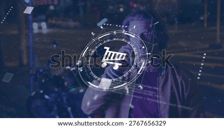Incoming smartphone ringing causing man standing behind HUD shopping cart completing purchase. Augmentedreality, urban, night, neon, futuristic, data, commuter