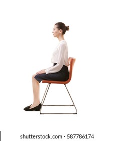 Incorrect Posture Concept. Young Woman Sitting On Chair Against White Background