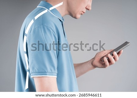 Incorrect posture due to gadget use, text neck, man with severe spinal curvature on gray studio background, healthcare and medicine concept