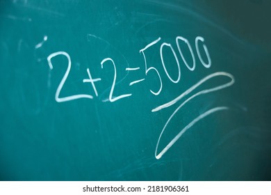 An incorrectly solved example on a green blackboard. The concept of education and training. The concept of marketing and an interesting offer.