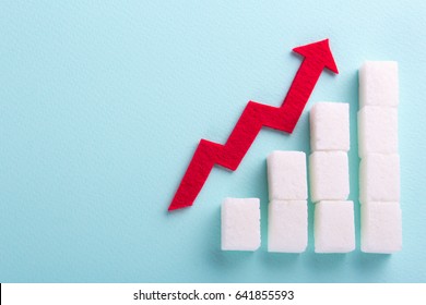 Increase In Blood Sugar Levels, The Graph Of Growth From Sugar Cubes And The Arrow Top. Diabetes. Empty Place For Text Copy Paste