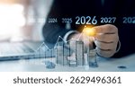 Increase chart arrow graph corporate business future growth new year 2026.New plans,goals and visions in business for new year 2026.Business Opportunity, challenge and strategy in 2026. 