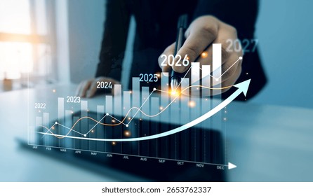 Increase chart arrow graph corporate business future growth new year 2026.New opportunity, challenge and strategy in 2026. New plans,goals and visions in business for new year 2026. 