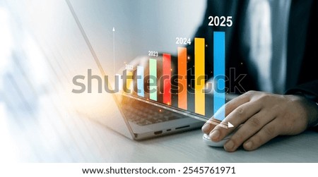 Increase chart arrow graph corporate business future growth new year 2025.New opportunity, challenge and strategy in 2025. New plans,goals and visions in business for new year 2025. 