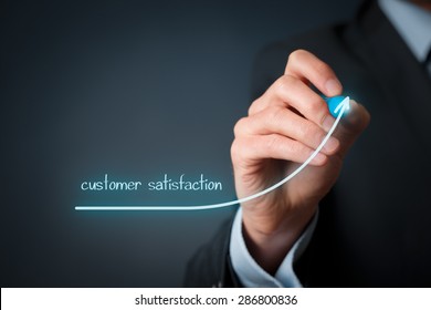 Increase customer satisfaction concept. Businessman (marketing specialist) draw growing line symbolize growing customer satisfaction.