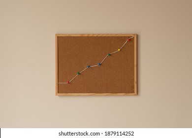 Increase Graph, Summit, Peak, Top. Decrease Development Market Growth Financial Chart Productivity Data. Concept Of Progress Report. Cork Board, Colorful Pins And Rope, String, Copy Space.