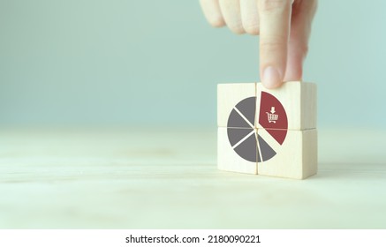 Increase Market Share, Growth Of Business Profit Concept. Market Penetration And Expansion Strategies. Wooden Cubes Showing A Market Share Percentage Using A Pie Chart. Strengthen Business Strategies.