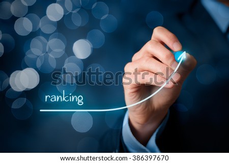 Increase ranking concept. Businessman draw plan to increase ranking of his company or website, bokeh in background.
