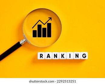 Increase ranking. Search engine optimization SEO rankings concept. The word ranking on white cubes with a magnifier on a graph icon.