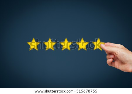 Increase rating, evaluation and classification concept. Businessman place fifth yellow star to increase rating of his company.