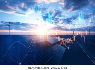 Increase or rising in electricity prices on the world market. Photovoltaic power station with double exposure of digital financial chart graphs and stock market.Green energy in full development. - Powered by Shutterstock