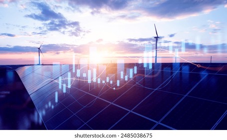 Increase or rising in electricity prices on the world market. Photovoltaic power station with double exposure of digital financial chart graphs and stock market.Green energy in full development. - Powered by Shutterstock