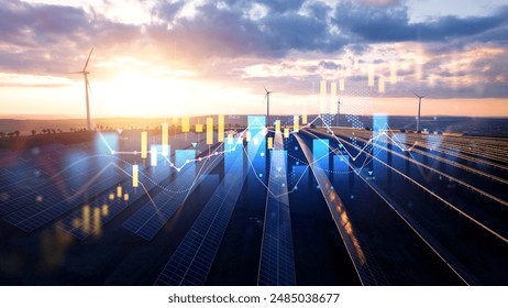 Increase or rising in electricity prices on the world market. Photovoltaic power station with double exposure of digital financial chart graphs and stock market.Green energy in full development. - Powered by Shutterstock