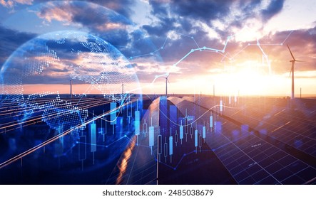 Increase or rising in electricity prices on the world market. Photovoltaic power station with double exposure of digital financial chart graphs and stock market.Green energy in full development. - Powered by Shutterstock