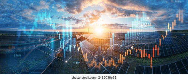 Increase or rising in electricity prices on the world market. Photovoltaic power station with double exposure of digital financial chart graphs and stock market.Green energy in full development. - Powered by Shutterstock