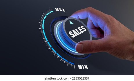 Increase sales volume, profit and revenue concept. Successful marketing strategy improving lead conversion. Business person turning knob to maximum income. Growth boost.