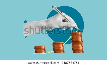 Increase Score. Boost your income and grow your business. Increase your earnings. Collage with the hand and coins.