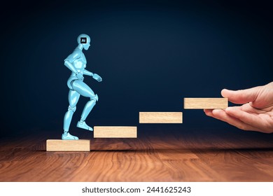 Increase in the use of artificial intelligence, visual concept. Wooden stairs and humanoid with AI chip on head rising up. Civilization is in the beginning of using AI and its potential.