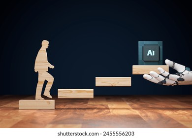 Increase in the use of artificial intelligence, visual concept. Wooden stairs and humanoid with AI chip on head rising up. Civilization is in the beginning of using AI and its potential, robotic hand.