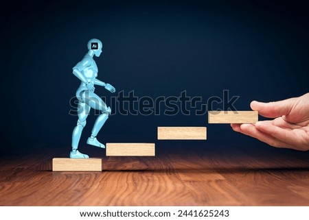 Increase in the use of artificial intelligence, visual concept. Wooden stairs and humanoid with AI chip on head rising up. Civilization is in the beginning of using AI and its potential.
