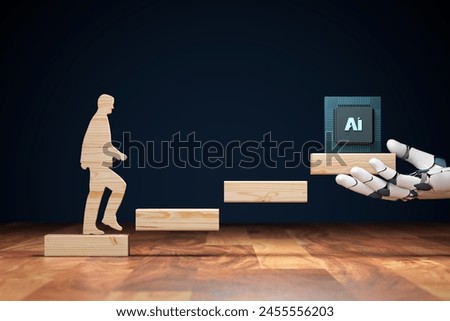 Increase in the use of artificial intelligence, visual concept. Wooden stairs and humanoid with AI chip on head rising up. Civilization is in the beginning of using AI and its potential, robotic hand.