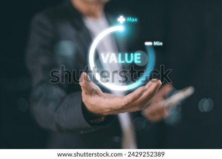 Increase value add, business growth value, company value added or business growth concept. Businessman circle bar info graphic technology background. Sale digital marketing leadership success target
