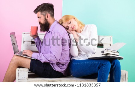 Increase your productivity using modern technology. Technical progress. Woman sleep retro typewriter and man modern laptop. Take advantage technology development. Technological progress benefits.