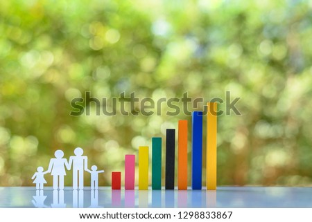 Increasing birth rate / fertility rate and population control concept : Family members with children and rising color bar graph on a table, depicts lifestyle choice associated with economic affluence