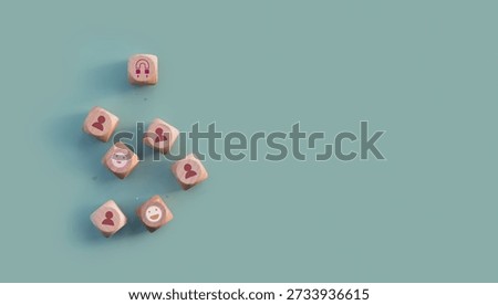 Increasing customer loyalty, Developing brand awareness, Understanding customer need, Providing value, Create relationship with customer engagement, Wooden cube with heart and customer awareness icon