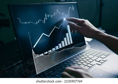 Increasing Diagram Of Inflation Rate On Virtual Screen Laptop. Inflation And Stagnation. Abstract Graphic Symbolizing The Economy Of Country.