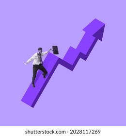 Increasing income. One businessman with briefcase slides down the growing graph arrow. Concept of investments, trading, earning money, analytics.