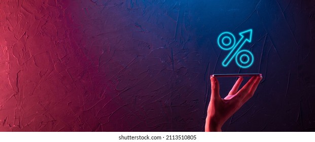 Increasing percentage icon.Profit high growth arrow and percent icon.profit increase arrow up symbol.Interest rate, stocks, financial, ranking, mortgage rates and Cut up concept.The economy improving - Shutterstock ID 2113510805