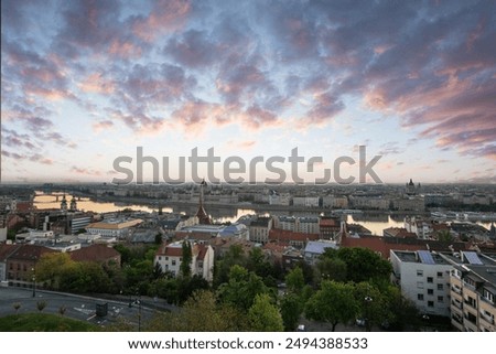 Similar – Sonnenaufgang über Prag und fliederfarbene Blumen