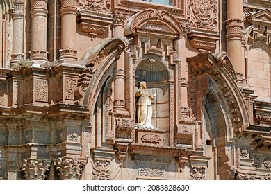 Incredible Facade Of Church Of The Society Of Jesus Or Iglesia De La Compania De Jesus In Spanish Baroque Architecture Style, Historic Site In Cusco, Peru