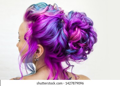 Incredible hair color  bright blue   Magenta gradient  Stylish fashionable hair coloring  Elegant hairstyle for the modern bride