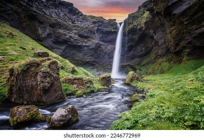 Incredible Iceland nature landscape. Kvernufoss waterfall Popular touristic location. Best famouse travel area. Scenic Image of nature. Iceland is one most popular country for landscape photographers.