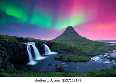 Incredible icelandic landscape with Kirkjufellsfoss waterfall under incredible sky with Northern lights. Kirkjufell volkano mountain and Polar lights in Iceland. Aurora borealis - Powered by Shutterstock