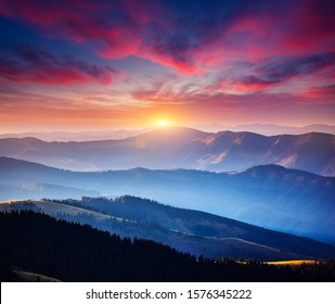 Incredible landscape in the mountains at sunset. Picture of colorful cloudy sky. Location place of Carpathian national park, Ukraine, Europe. Idyllic natural wallpaper. Discover the beauty of earth.