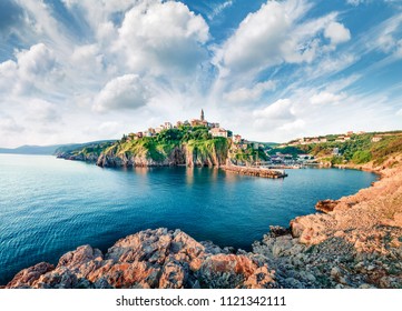 Incredible morning cityscape of Vrbnik town. Perfect summer seascape of Adriatic sea, Krk island, Kvarner bay archipelago, Croatia, Europe. Beautiful world of Mediterranean countries. 