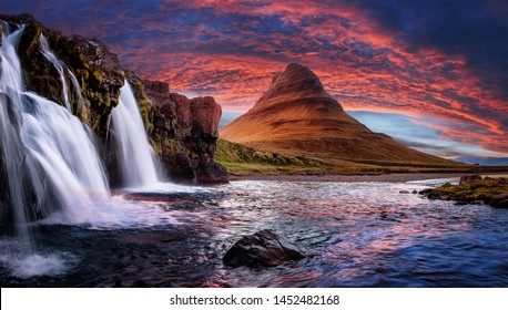 Incredible Nature landscape of Iceland. Fantastic picturesque sunset over Majestic Kirkjufell (Church mountain) and waterfalls. Kirkjufell mountain, Iceland. Famous travel locations.  - Powered by Shutterstock