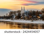 Incredible picturesque cityscape with sunset over St. Sophia Cathedral in the city of Polotsk, Belarus.