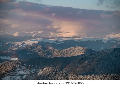 Incredible Picturesque Landscape Scene View Of Sky And Grey Clouds And Winter Mountain Landscape With Snow Covered Evergreen Trees