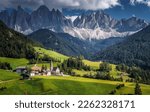 Incredible sunny landscape of Dolomites Alps. Popular view on world famous autumn alpine view in Dolomites alps. SANTA MADDALENA, ITALY. Iconic location for landscape photographers